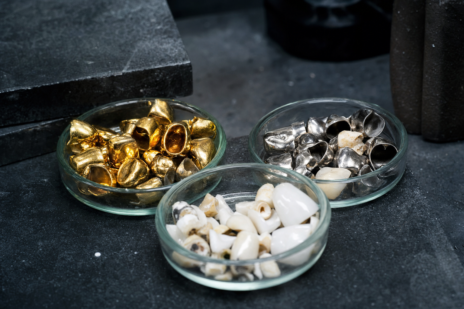 Gelbes Zahngold, weiße Dentallegierungen und Keramikbruchstücke getrennt in drei Laborschalen auf einer dunklen Werkbank