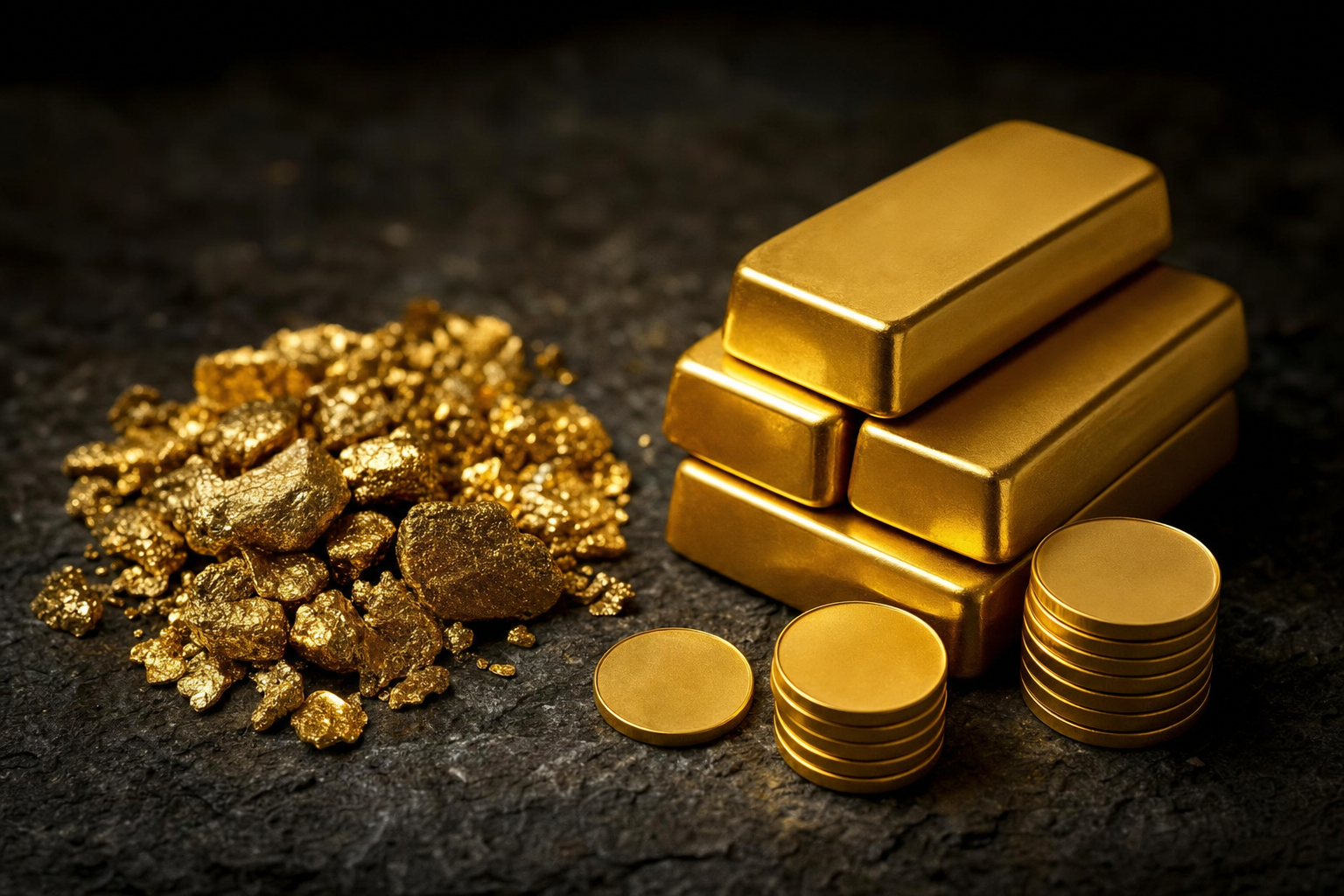 Unregelmäßiges Bruchgold neben glatten, neutralen Goldbarren auf dunklem Stein