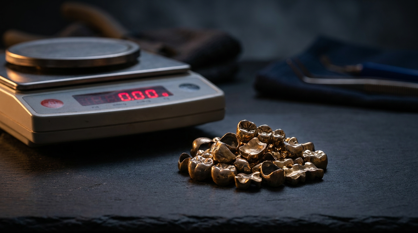 Goldfarbene Kronen und Brückenteile aus Dentallegierung neben einer Feinwaage vor dunklem Hintergrund