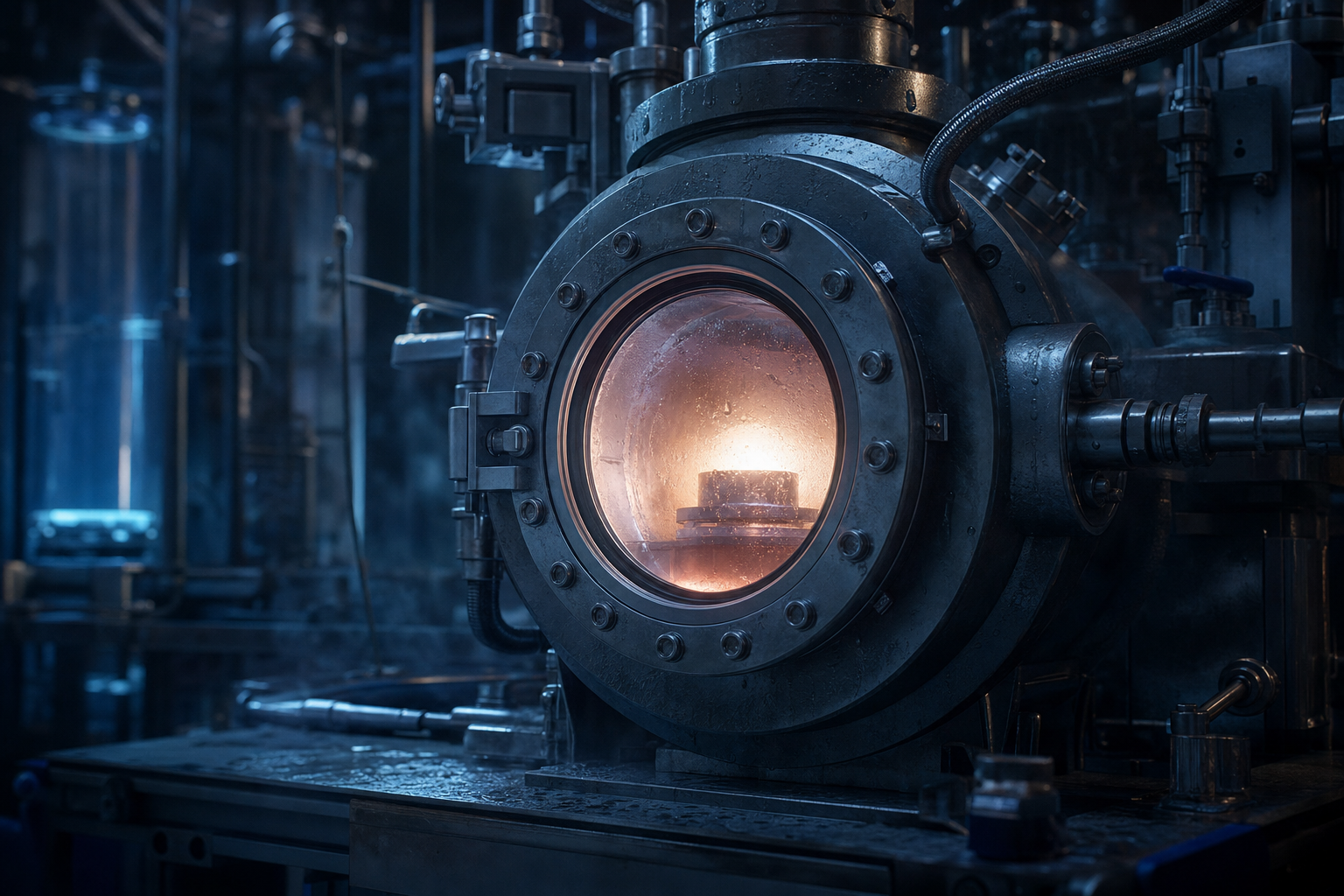 Hochtemperatur-Anlage in einem abgedunkelten Labor als Sinnbild für den Kristallisationsprozess von Osmium