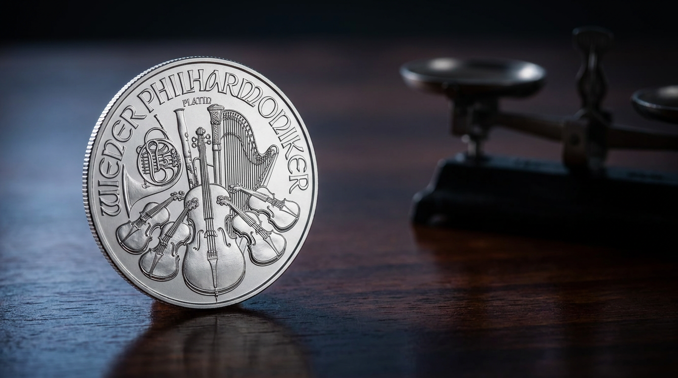 1-Unze-Platinmünze Wiener Philharmoniker auf dunkler Unterlage, daneben unscharf eine Präzisionswaage