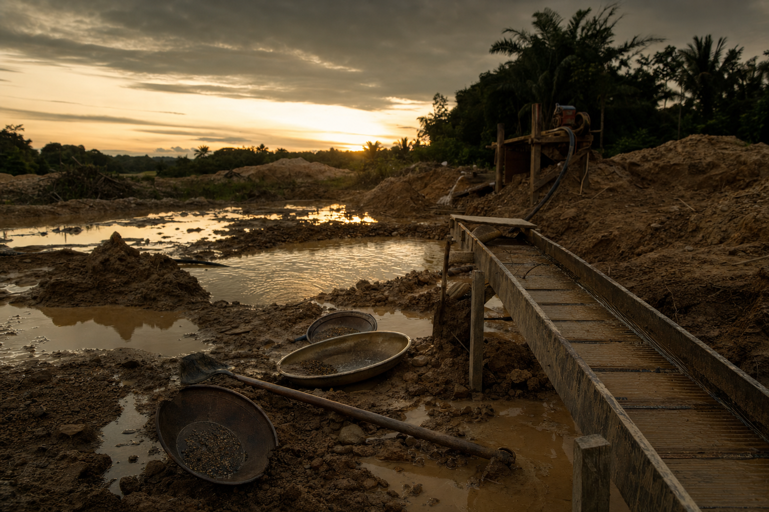 Abbaustelle des artisanalen Goldbergbaus mit Schlämmrinnen und schlammigen Wasserbecken in der Abenddämmerung