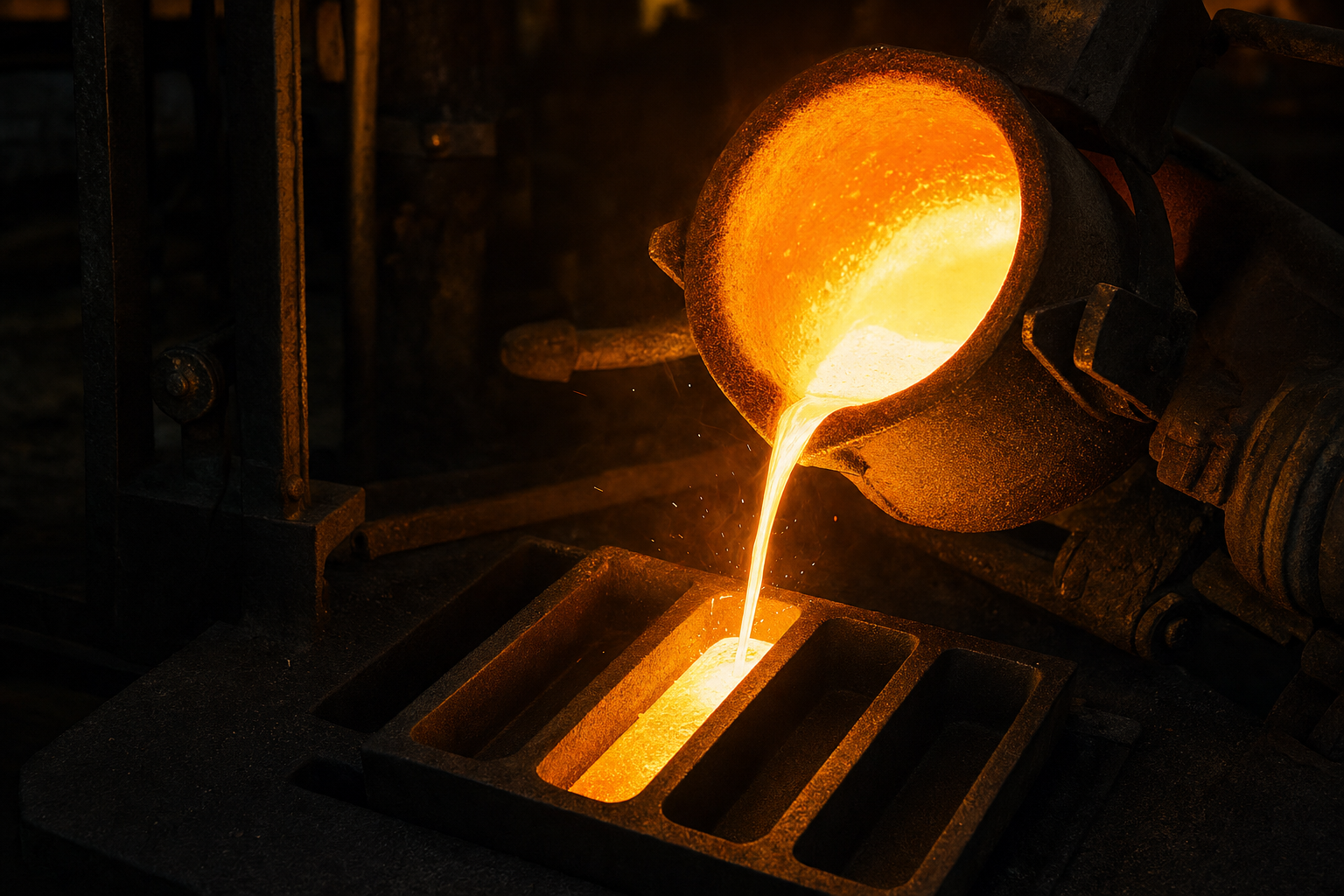 Flüssiges Gold wird in einer Scheideanstalt aus einem Tiegel in eine Barrenform gegossen