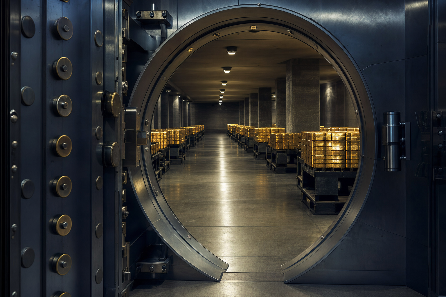 Reihen gestapelter Goldbarren auf Paletten im Tresorraum einer Notenbank