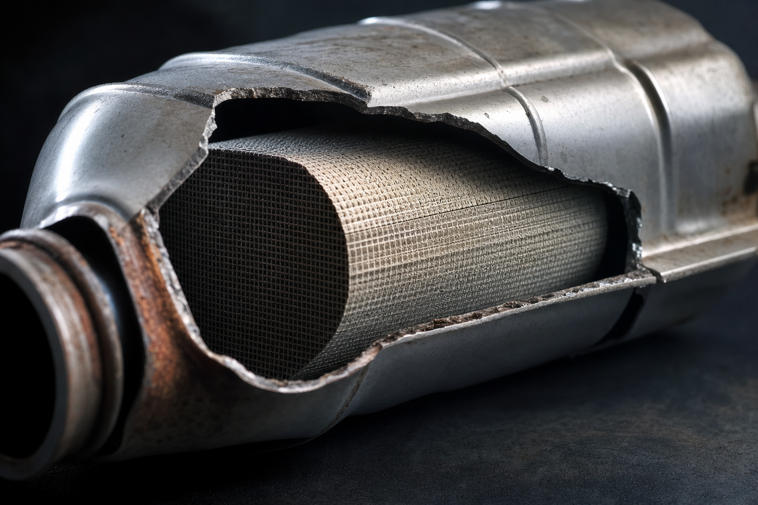 Aufgeschnittener Autokatalysator mit keramischer Wabenstruktur und Edelmetallbeschichtung