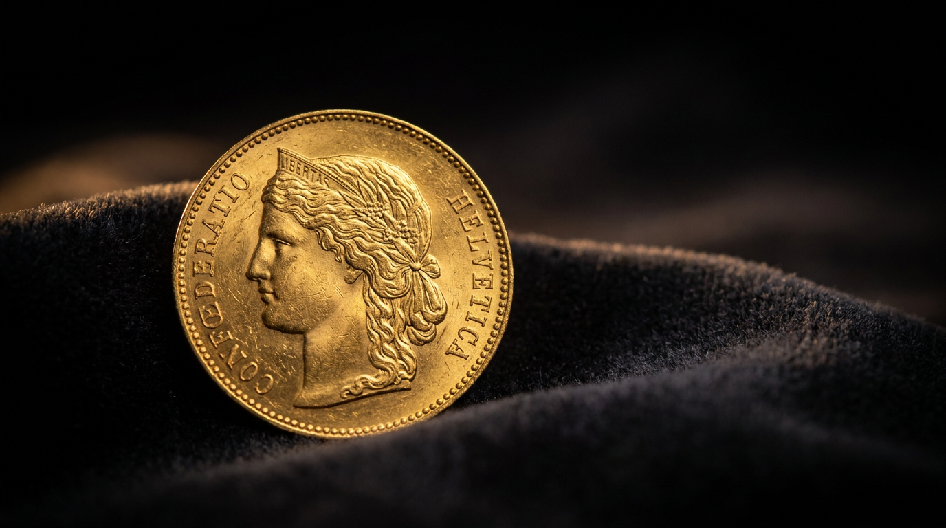 20-Franken-Goldmünze Helvetia aus 900er Gold auf dunklem Samt