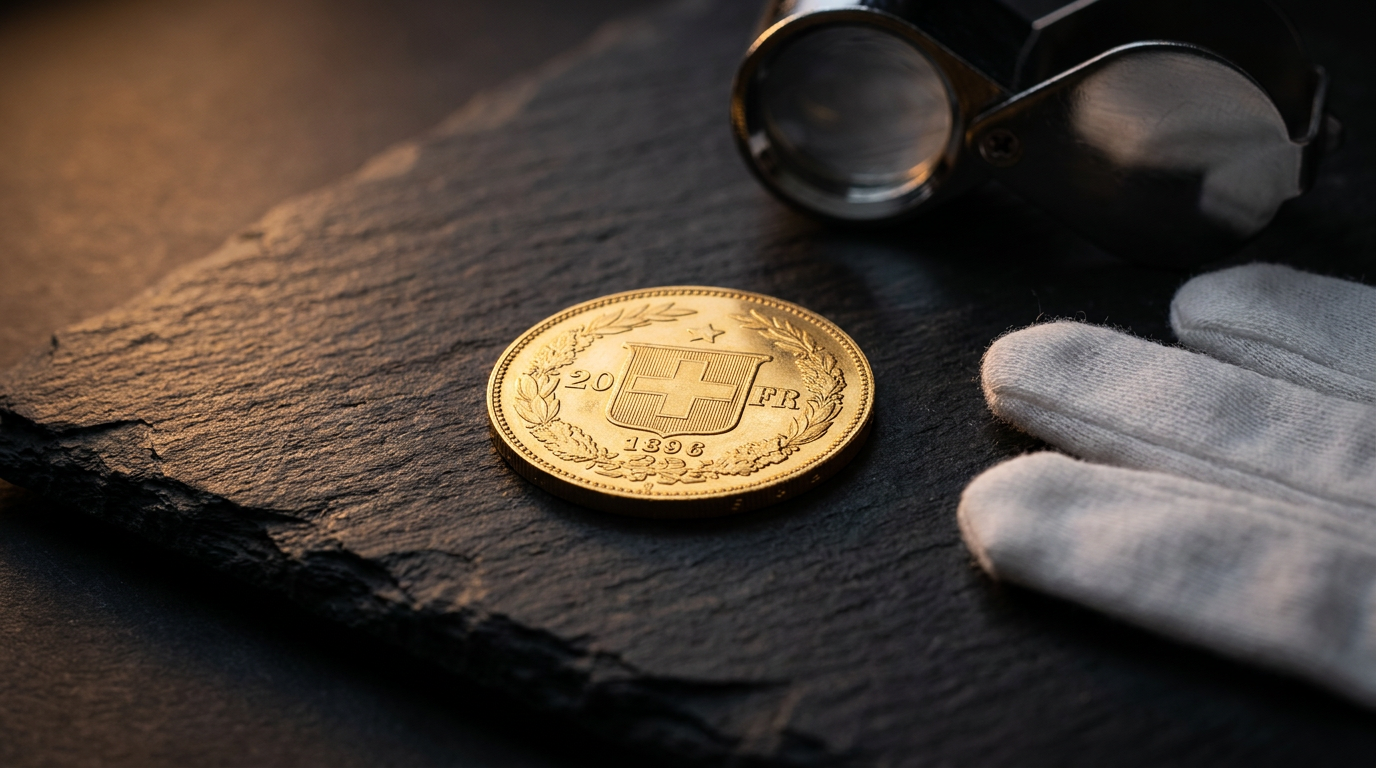 20-Franken-Goldmünze Helvetia mit Lupe und Baumwollhandschuhen auf dunklem Schiefer