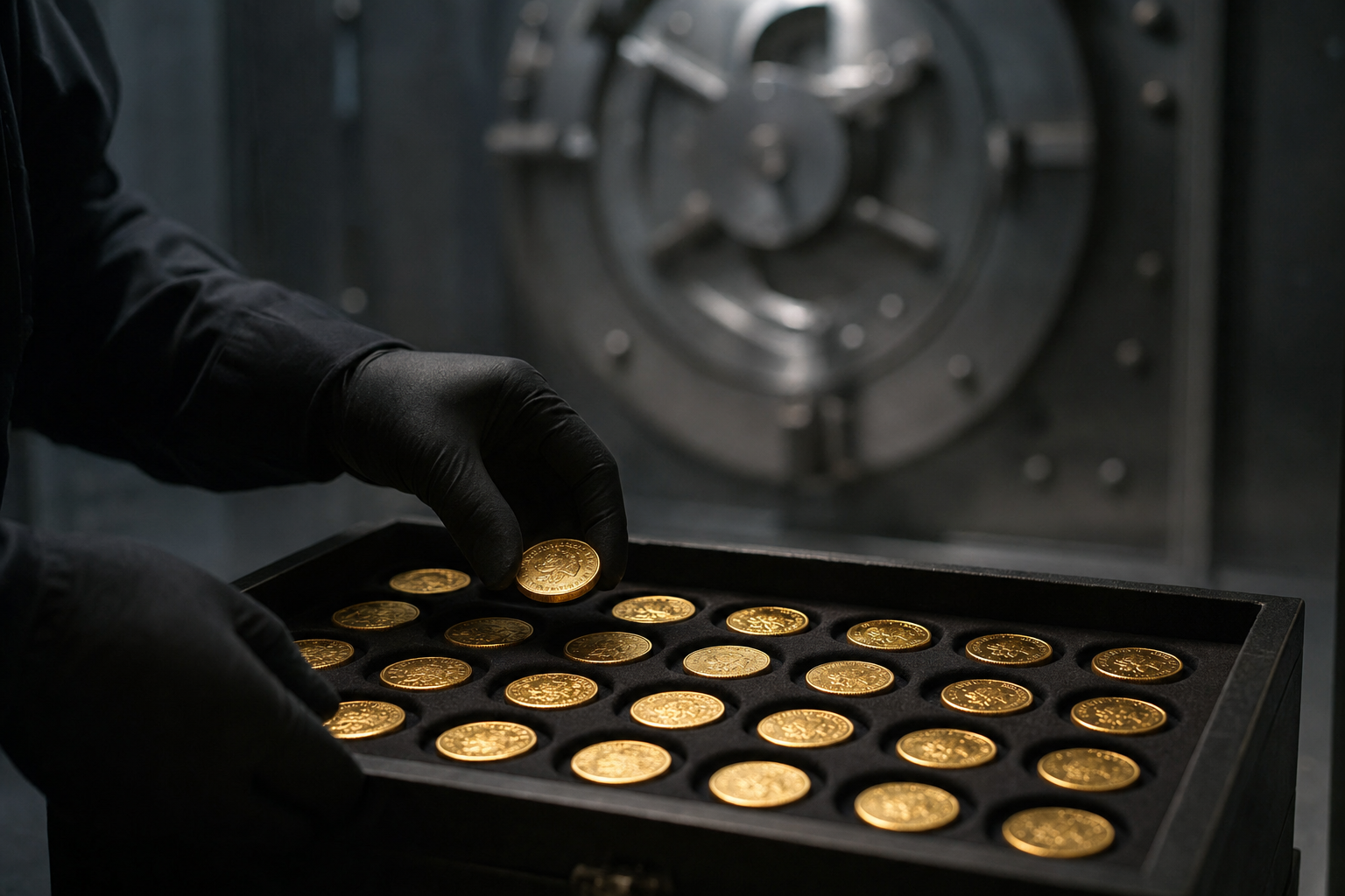 Goldmünzen werden in einem Tresorraum in eine Ablage einsortiert