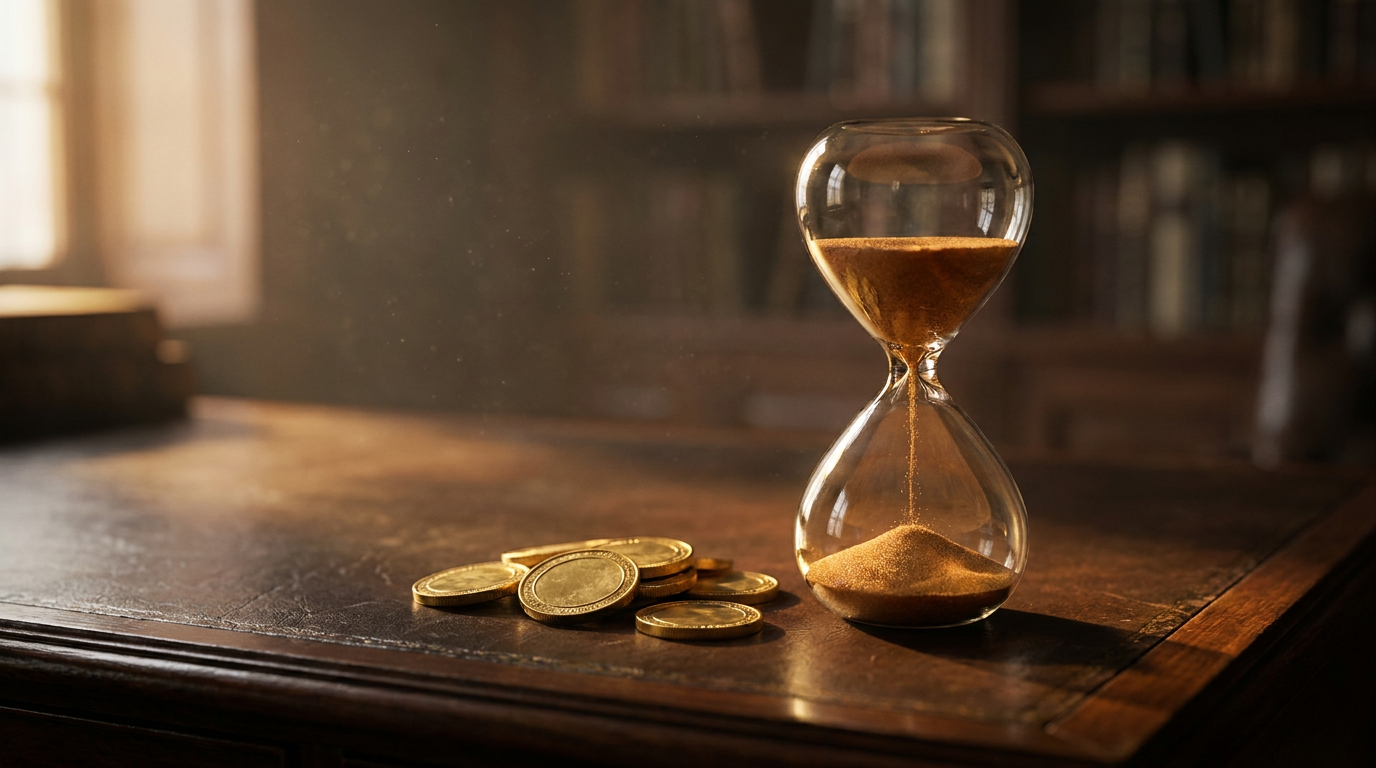 Antike Sanduhr neben einem kleinen Stapel Goldmünzen auf dunklem Holz
