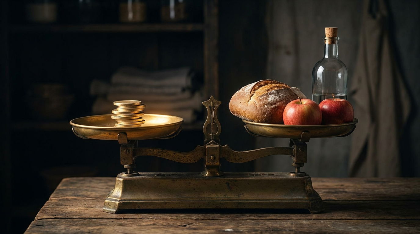 Alte Balkenwaage mit Goldmünzen auf der einen und Alltagsgütern wie Brot und Äpfeln auf der anderen Waagschale