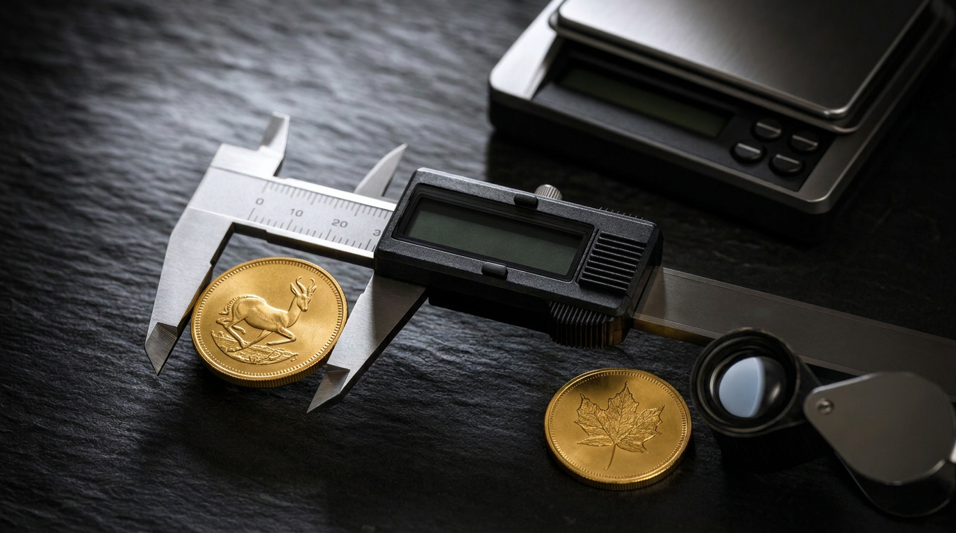 Digitaler Messschieber misst den Durchmesser einer geprägten Goldmünze, daneben Feinwaage, Magnet und Lupe