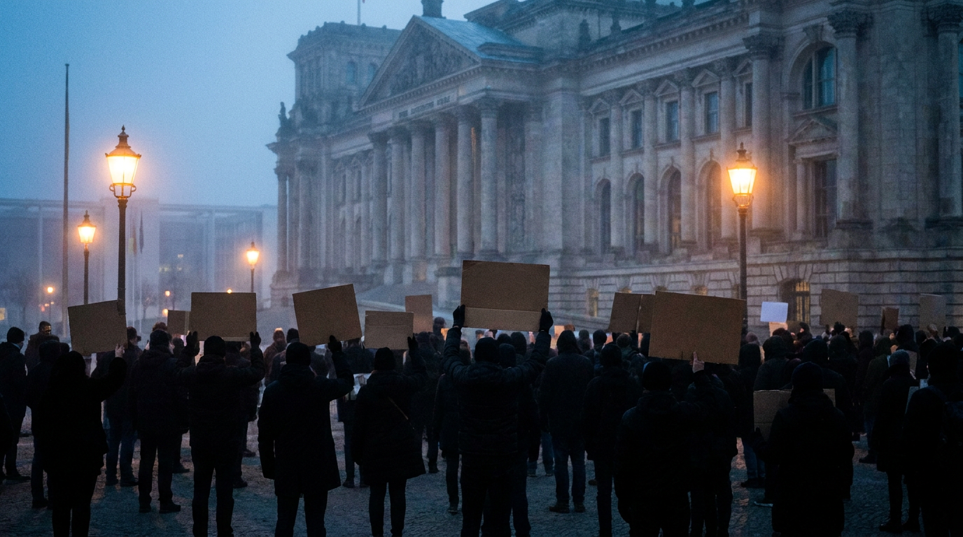 Menschenmenge mit leeren Schildern vor einem Parlamentsgebäude in der Abenddämmerung