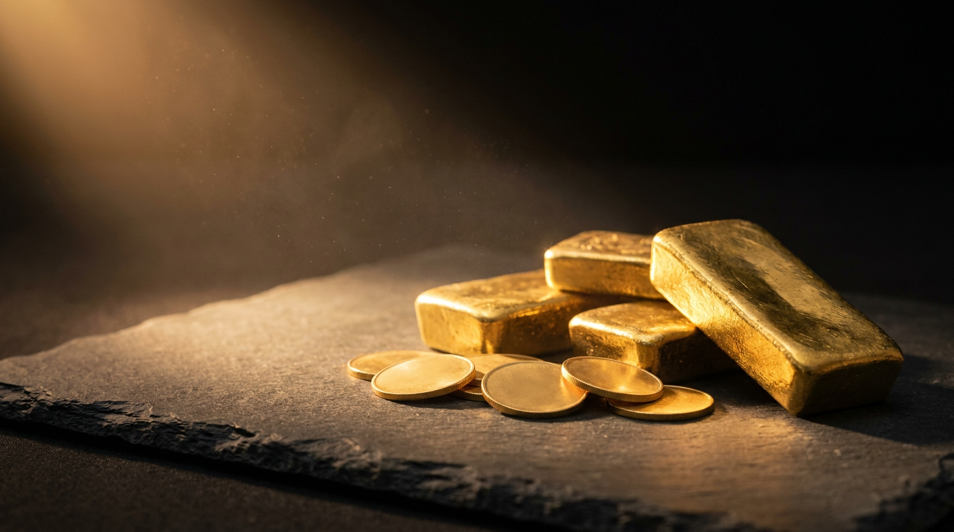 Goldbarren und Goldmünzen auf dunklem Schiefer in warmem Seitenlicht