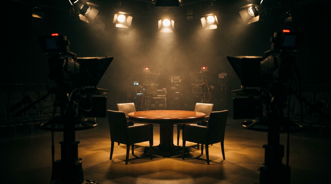 Leeres Fernsehstudio mit rundem Tisch und vier Stühlen im Scheinwerferlicht