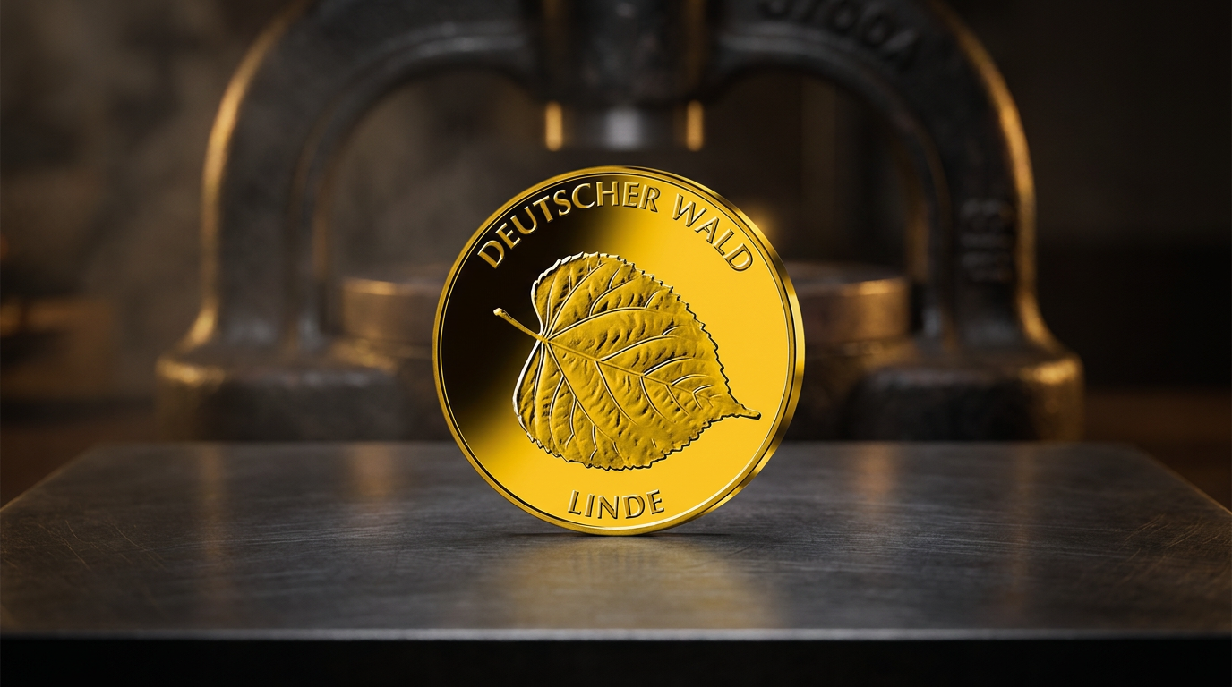 20-Euro-Goldmünze „Deutscher Wald – Linde“ von 2015 auf einer Stahlplatte vor einer Prägepresse