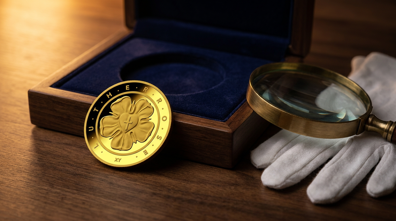 50-Euro-Goldmünze „Lutherrose“ von 2017 neben einem geöffneten Sammleretui, Lupe und Baumwollhandschuhen auf dunklem Holz