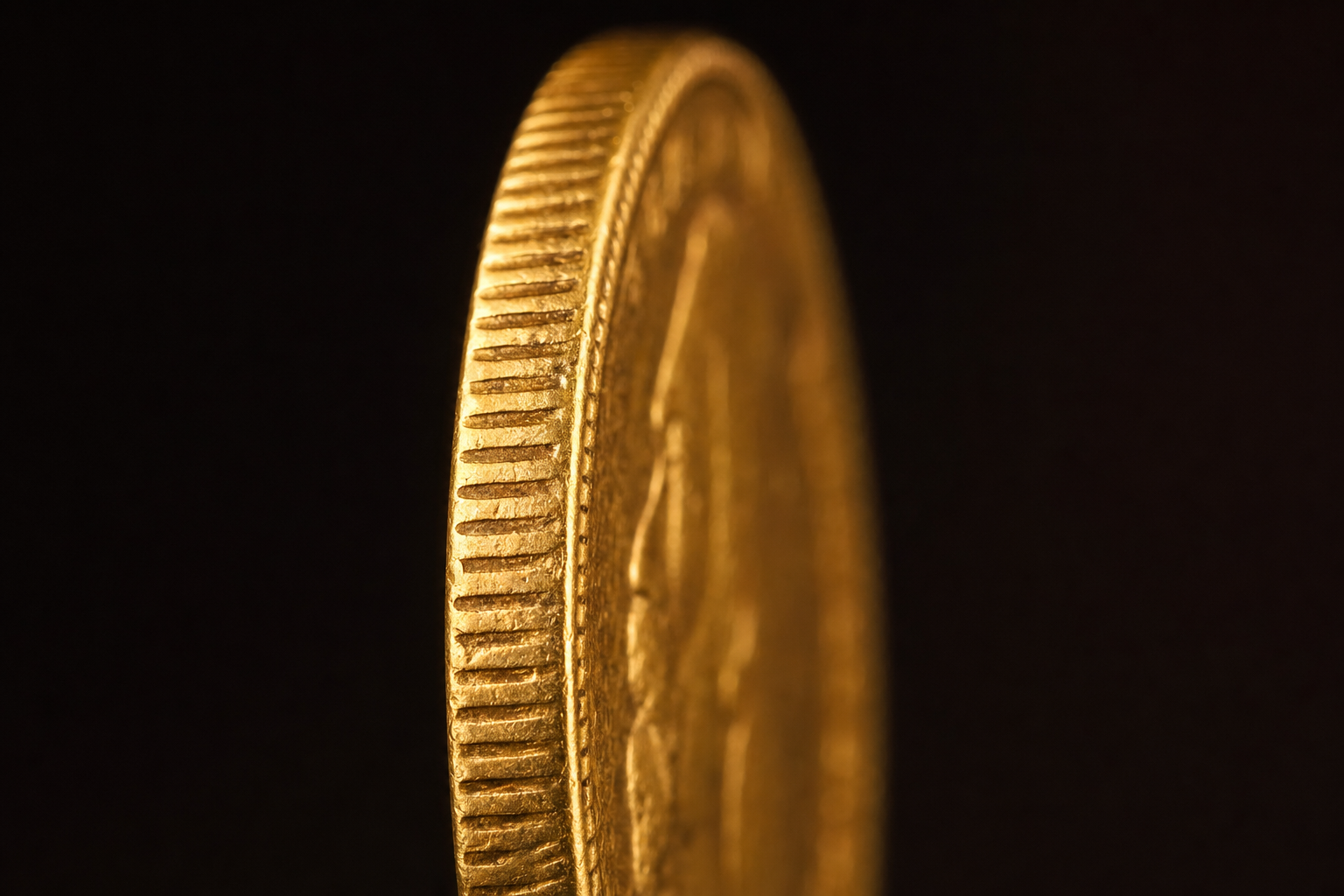 Makroaufnahme des geriffelten Randes einer kleinen historischen Goldmünze
