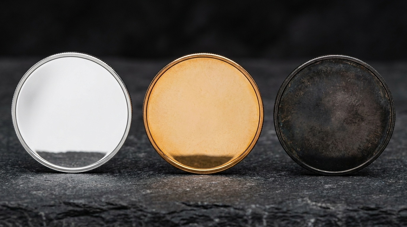 Drei Silbermünzen im Vergleich: blank, gleichmäßig goldbraun getönt und tiefschwarz angelaufen