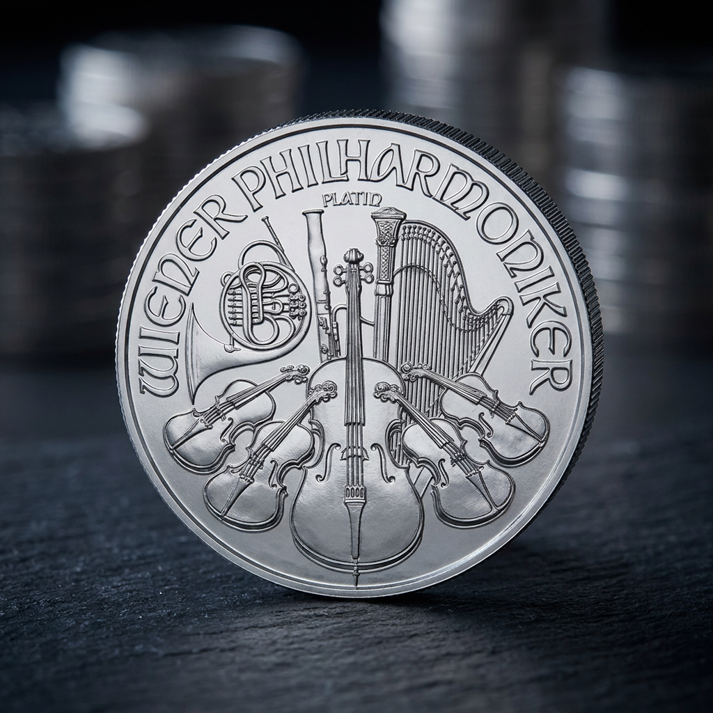 Platin-Philharmoniker zu einer Unze auf dunklem Schiefer vor unscharfen Münztuben