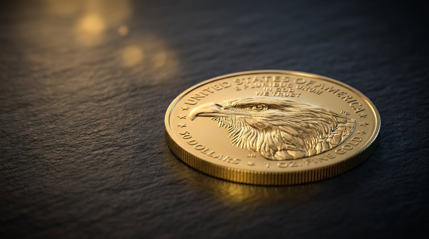 1 Unze Gold American Eagle 2026 auf dunklem Schiefer im warmen Studiolicht