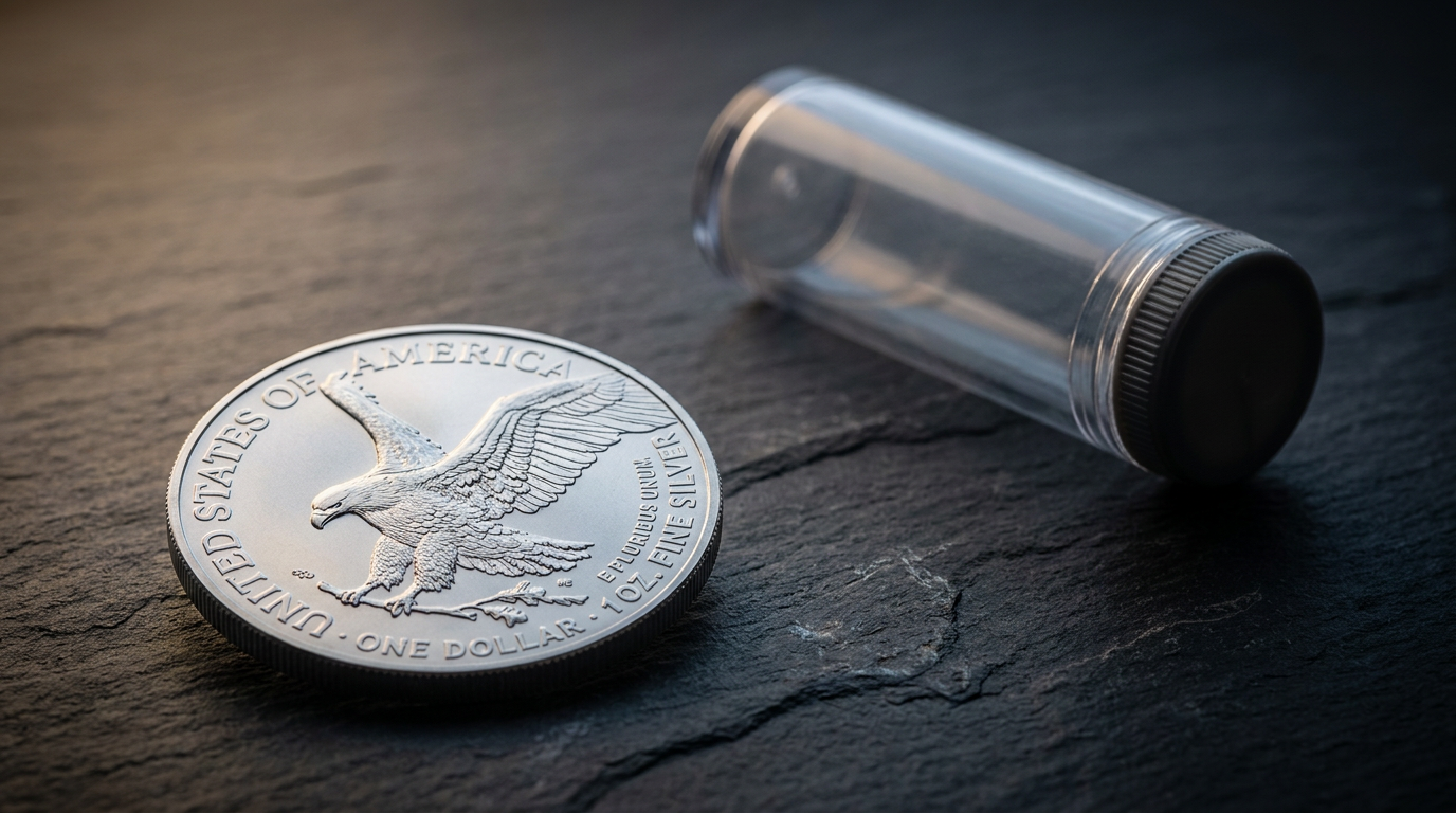 1 Unze Silber American Eagle 2026 auf dunklem Schiefer, dahinter eine transparente Münztube