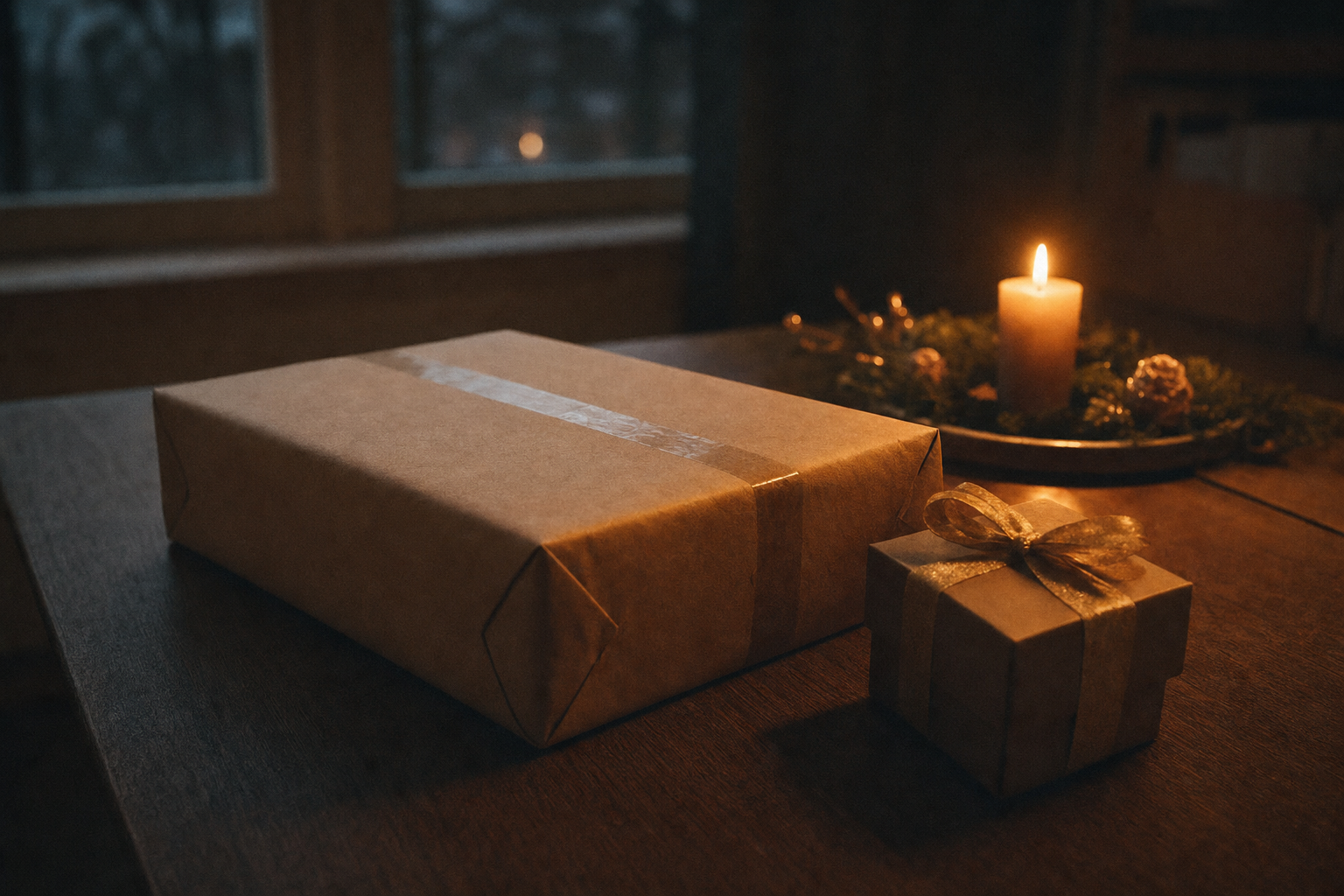 Neutral verpacktes braunes Paket neben einer kleinen Geschenkschachtel mit goldenem Band und einer brennenden Adventskerze