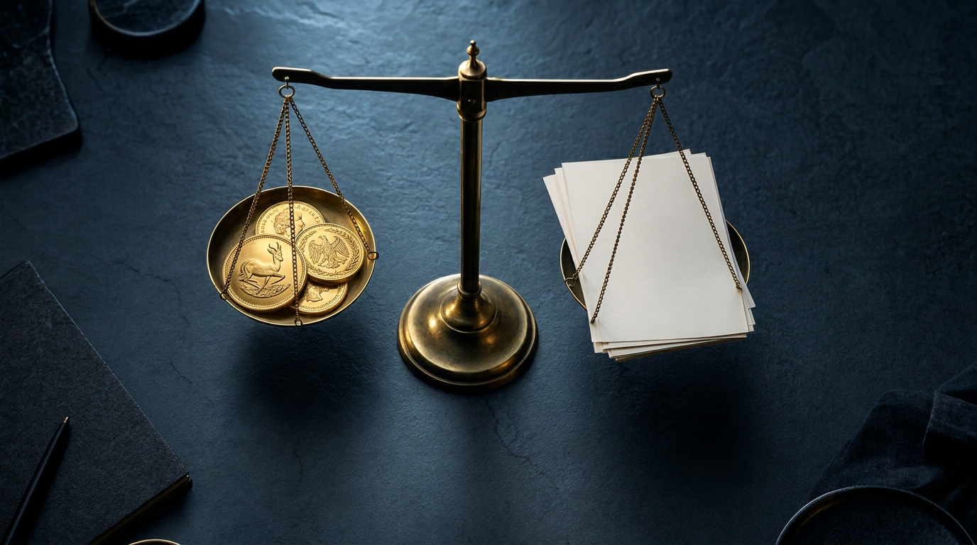 Waage mit geprägten Goldmünzen auf der einen und Papierdokumenten auf der anderen Seite
