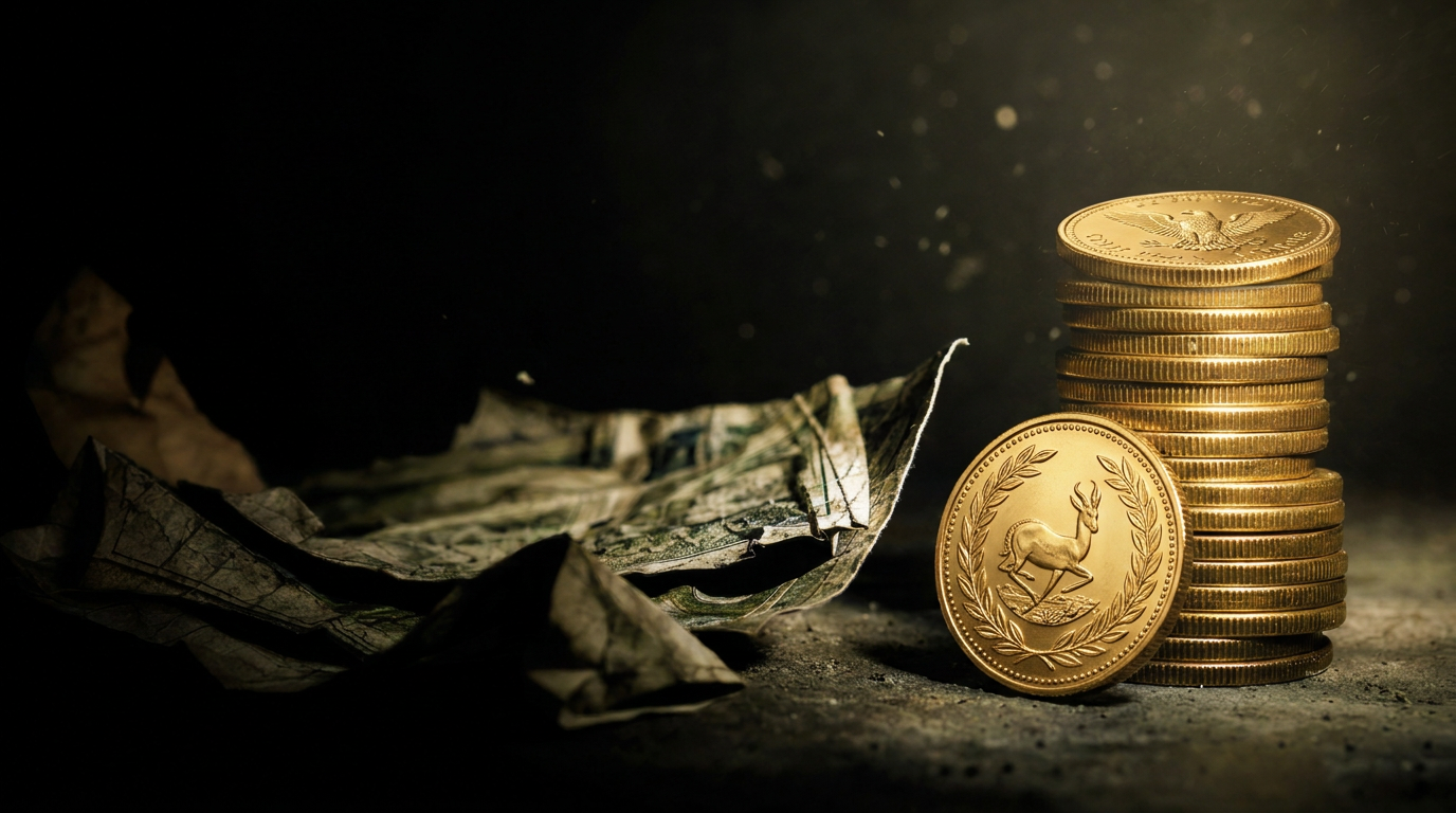 Verblassende Banknoten neben einem Stapel geprägter Goldmünzen in dunklem Licht