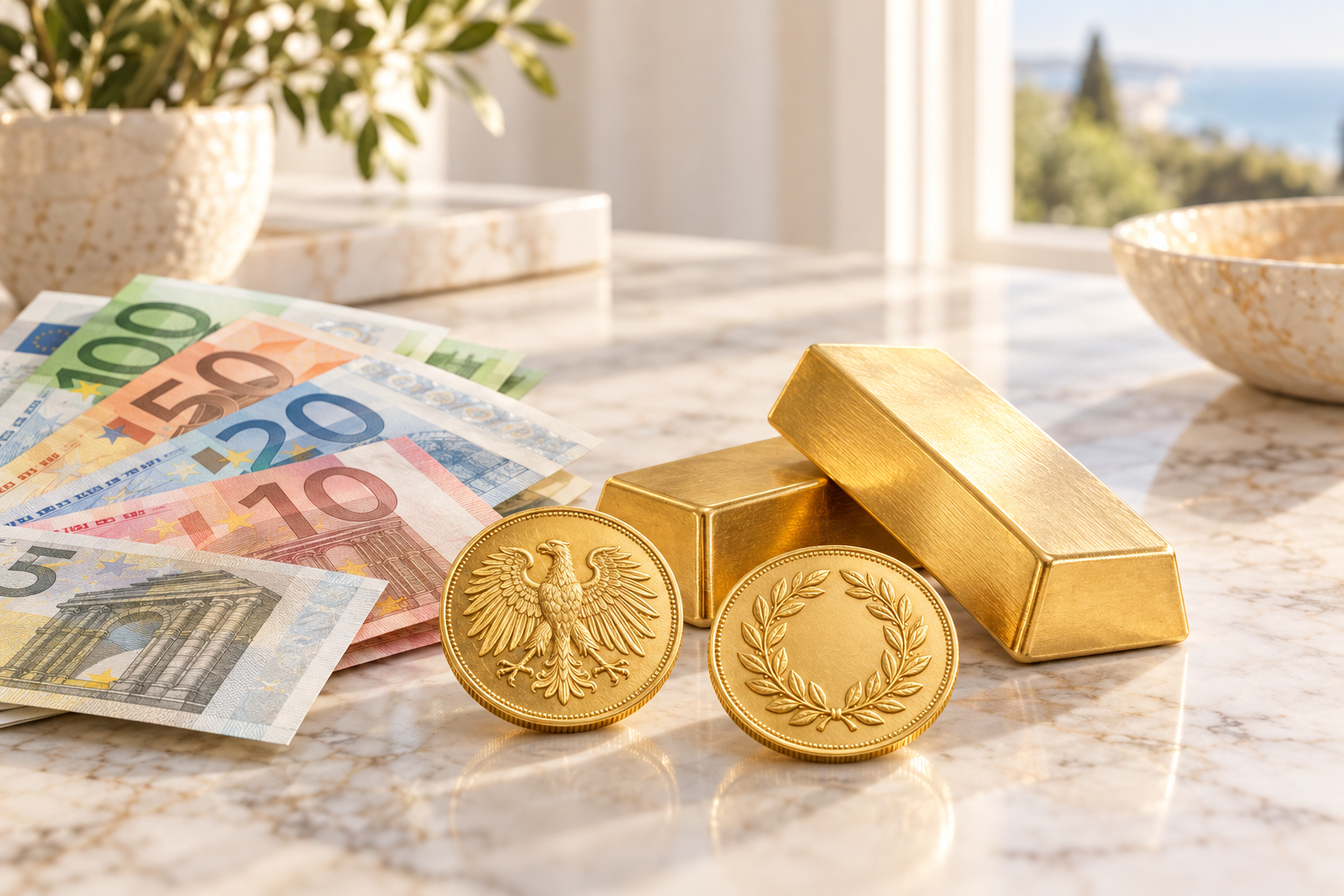 Euro-Banknoten neben zwei kleinen Goldbarren und zwei geprägten Goldmünzen auf hellem Marmor