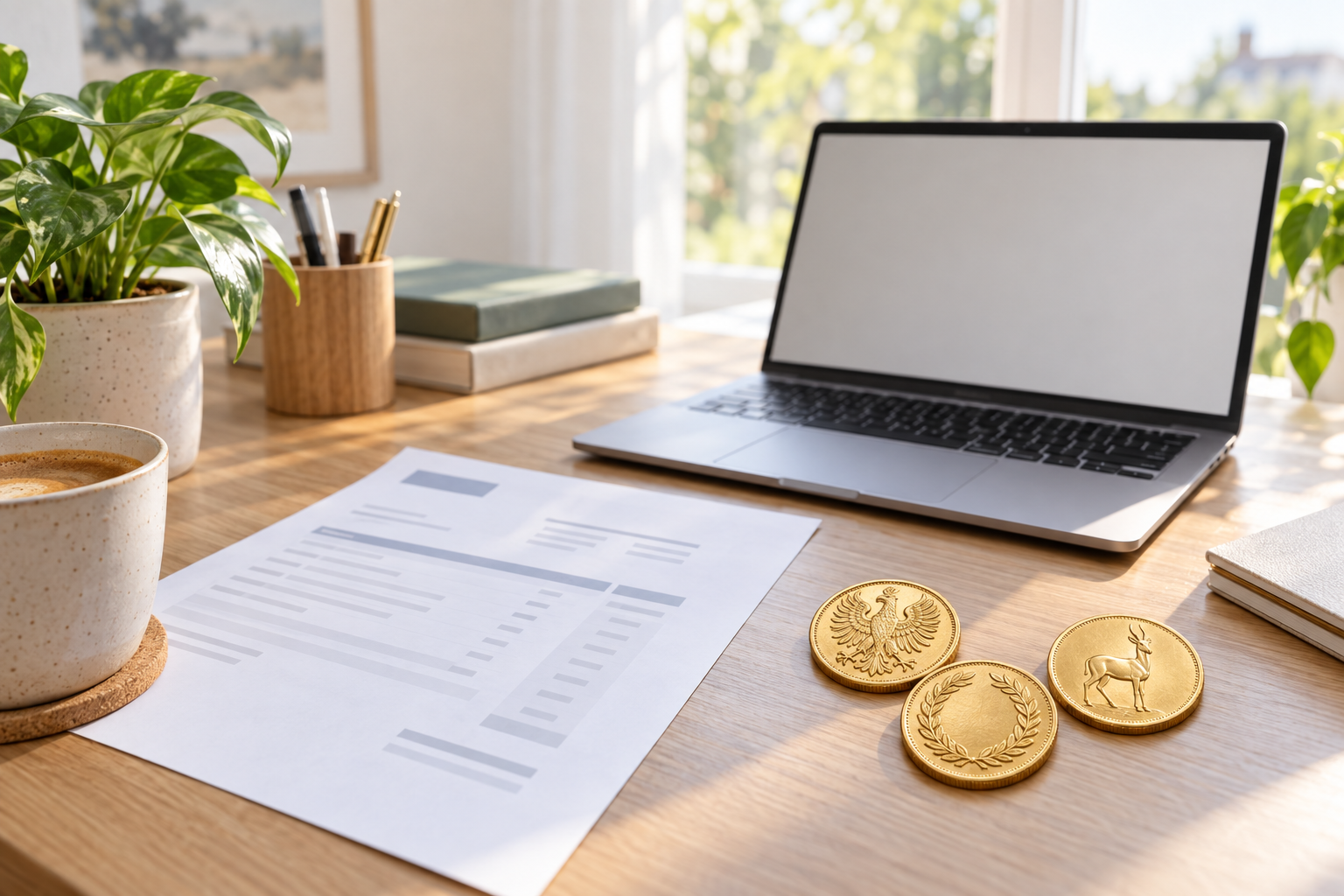 Heller Schreibtisch mit Laptop, einer Rechnung und drei geprägten Goldmünzen am Fenster