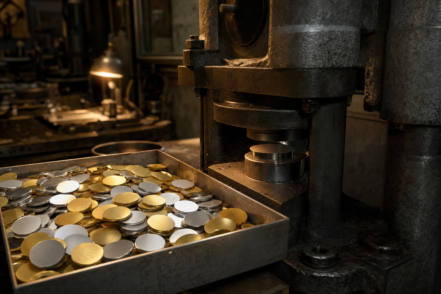 Blanke Gold- und Silberronden in einer Schale neben einer Prägepresse