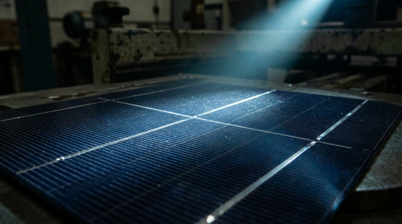 Makroaufnahme einer Solarzelle mit feinen Silberleiterbahnen auf blauer Siliziumoberfläche