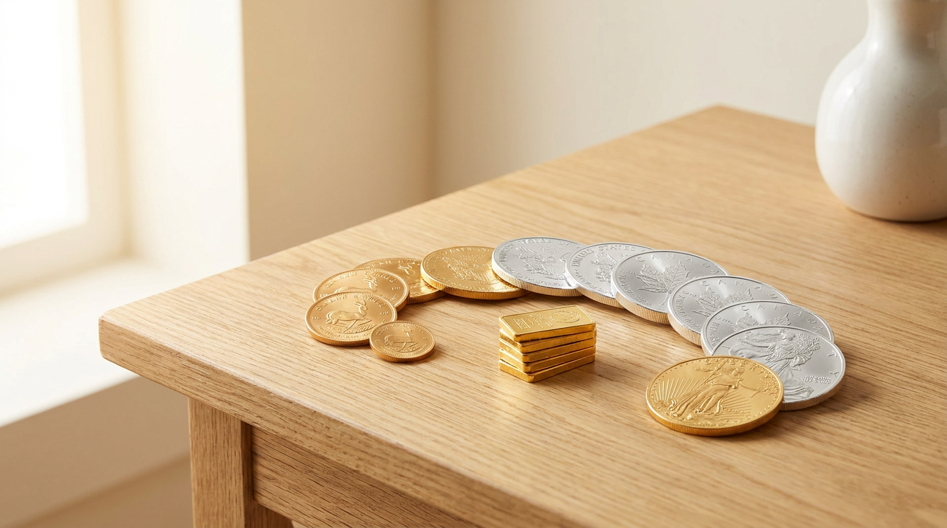 Geprägte Gold- und Silbermünzen unterschiedlicher Größe neben kleinen Goldbarren auf hellem Holz