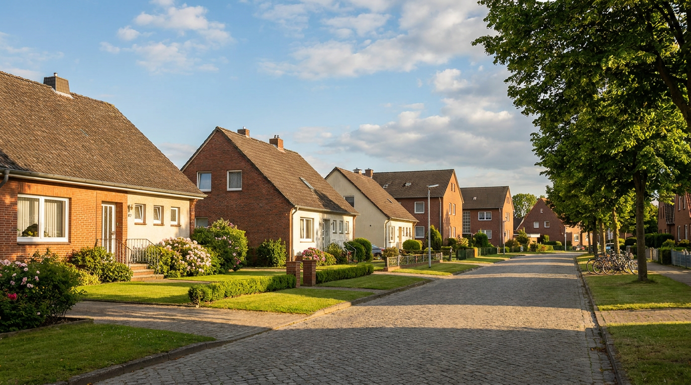 Freundliche Wohnstraße mit Einfamilienhäusern und Vorgärten im Sonnenlicht