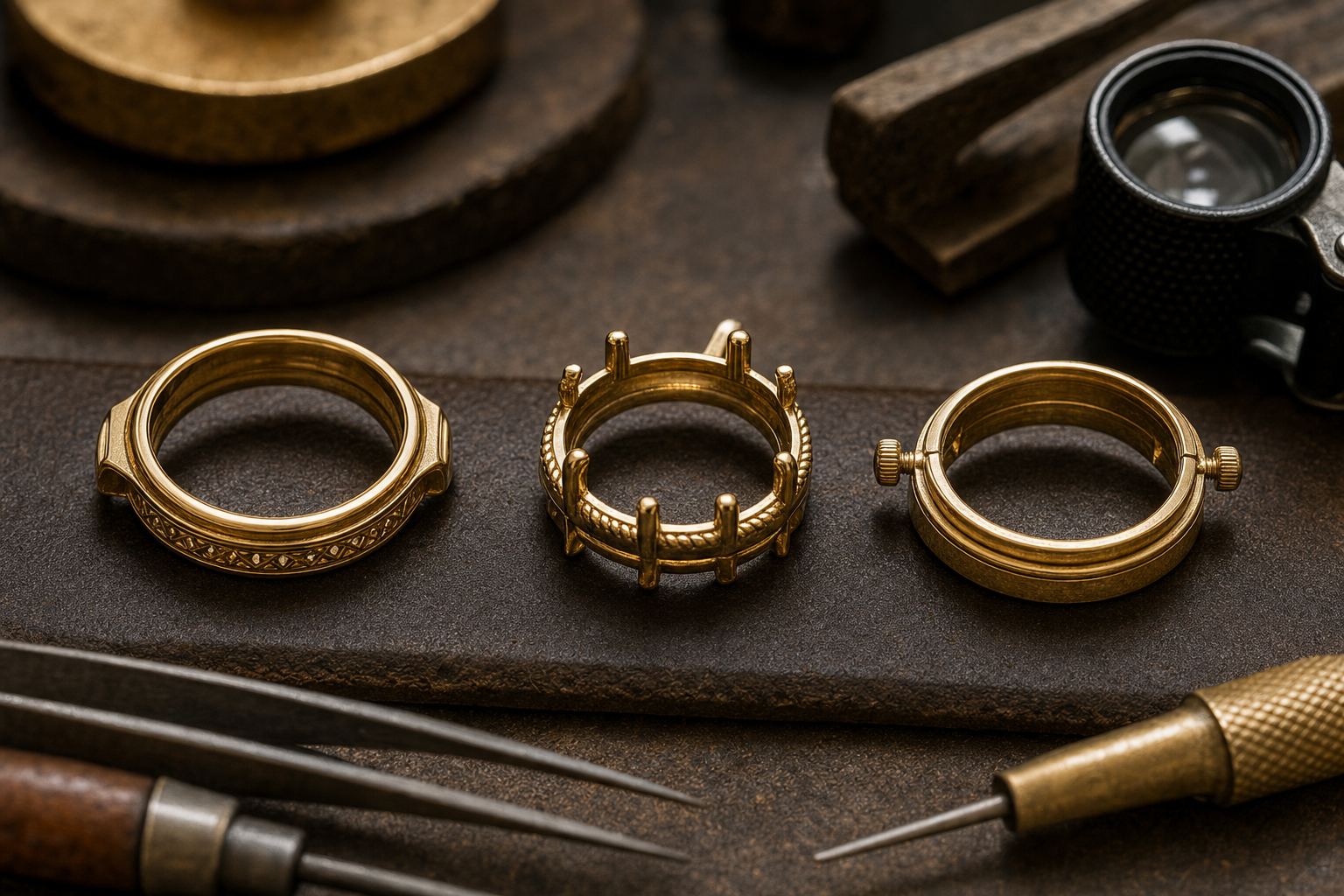 Verschiedene Fassungsarten für Münzen auf einer Goldschmiede-Werkbank: Randfassung, Krappenfassung und Schraubfassung neben Werkzeug