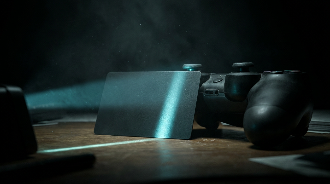 Blanke Ausweiskarte neben einem Controller unter kaltem Scannerlicht