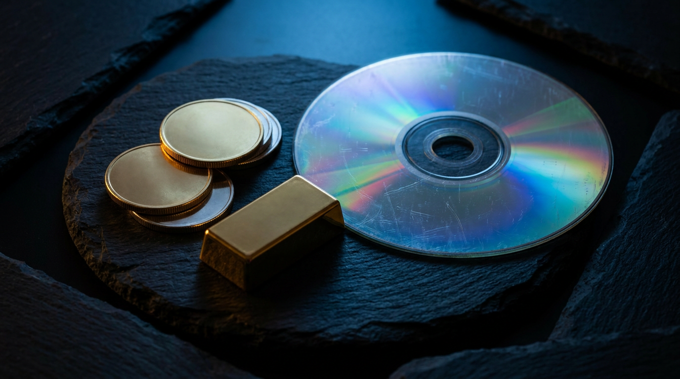 Anlagemünzen aus Gold und Silber und ein kleiner Goldbarren neben einer alten optischen Disc auf dunklem Schiefer
