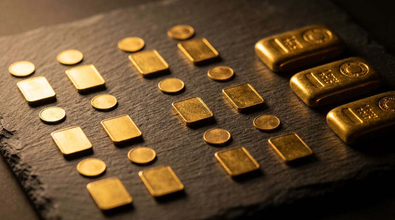 Kleine Goldbarren und Anlagemünzen geordnet neben größeren Unzenbarren auf dunklem Schiefer