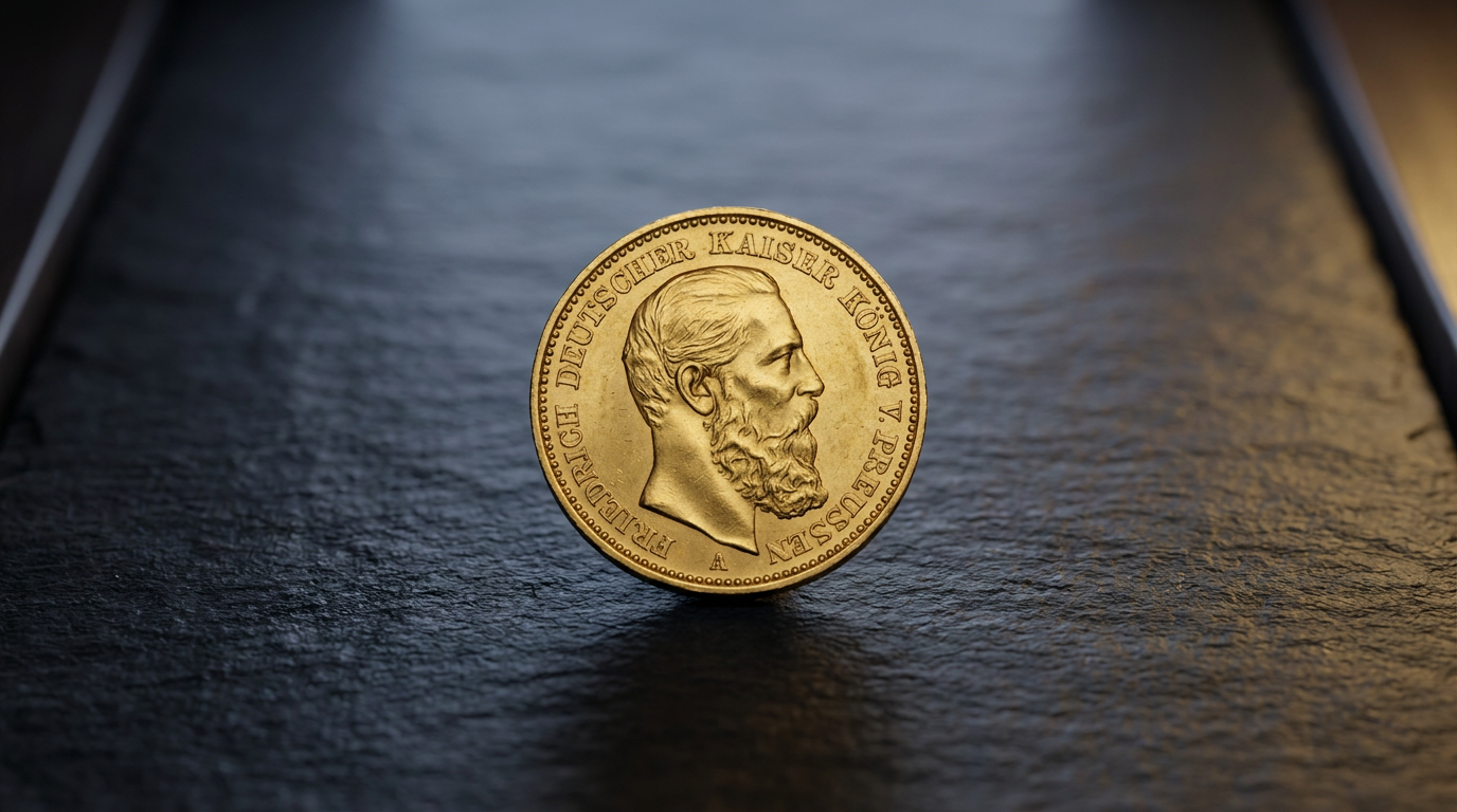 20-Mark-Goldmünze Preußen Friedrich III auf dunklem Schiefer im Museumslicht