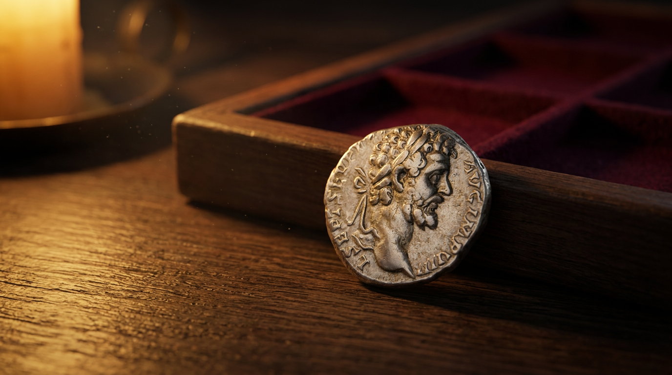 Römischer Silber-Denar des Septimius Severus mit Patina auf dunklem Holz im warmen Seitenlicht