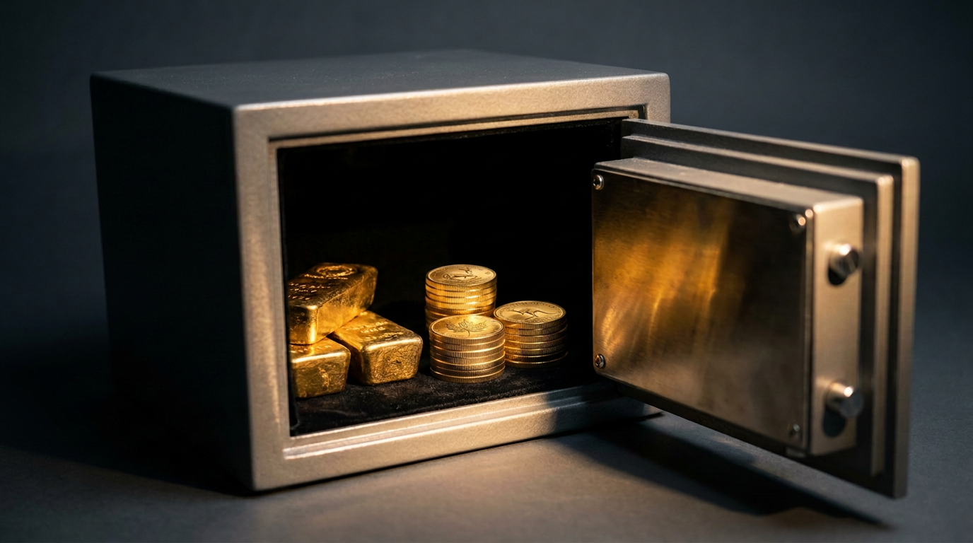 Geöffneter kleiner Heimtresor mit Goldbarren und geprägten Goldmünzen in Kapseln