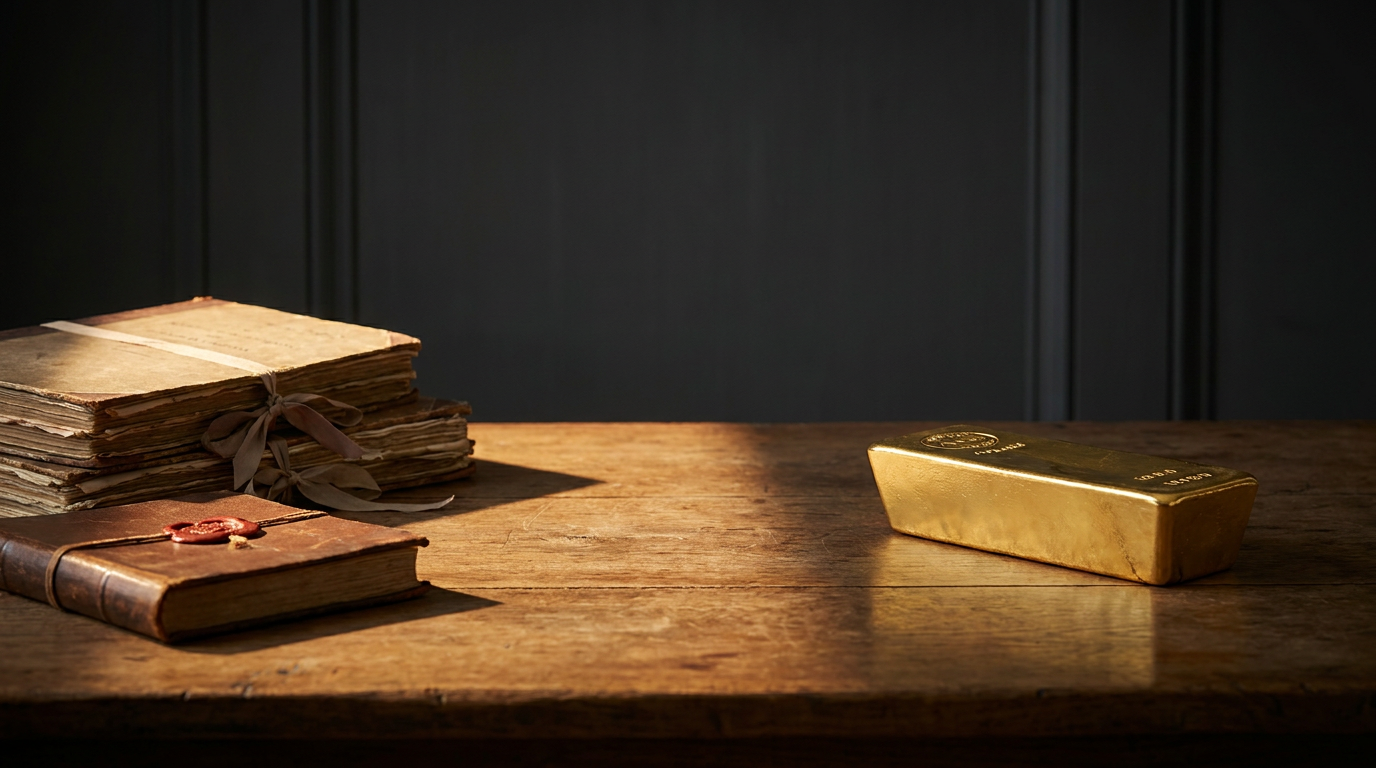 Juristische Dokumente mit Siegel neben einem großen Goldbarren auf dunklem Holztisch