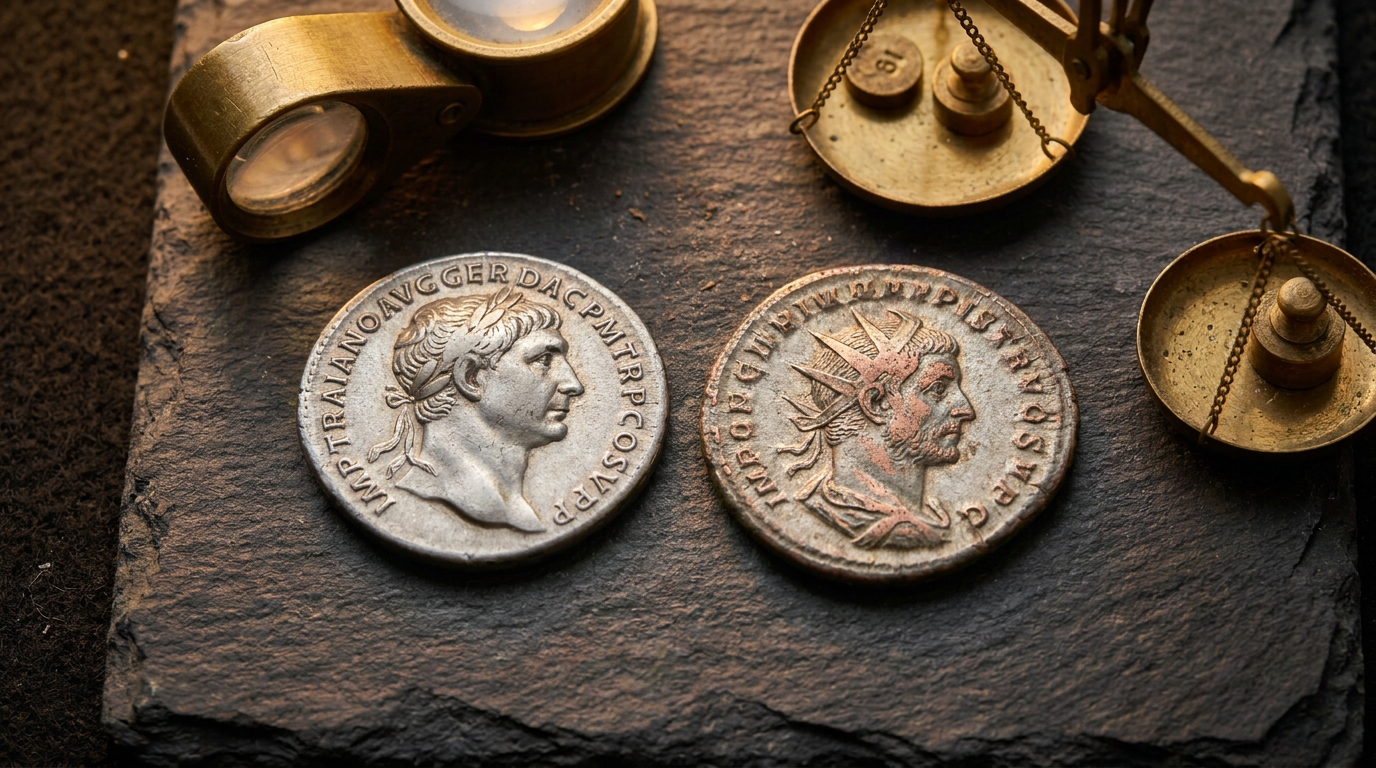 Silberdenar mit Lorbeerkranz-Porträt neben einem abgeriebenen Antoninian mit Strahlenkrone unter Lupe und Feinwaage