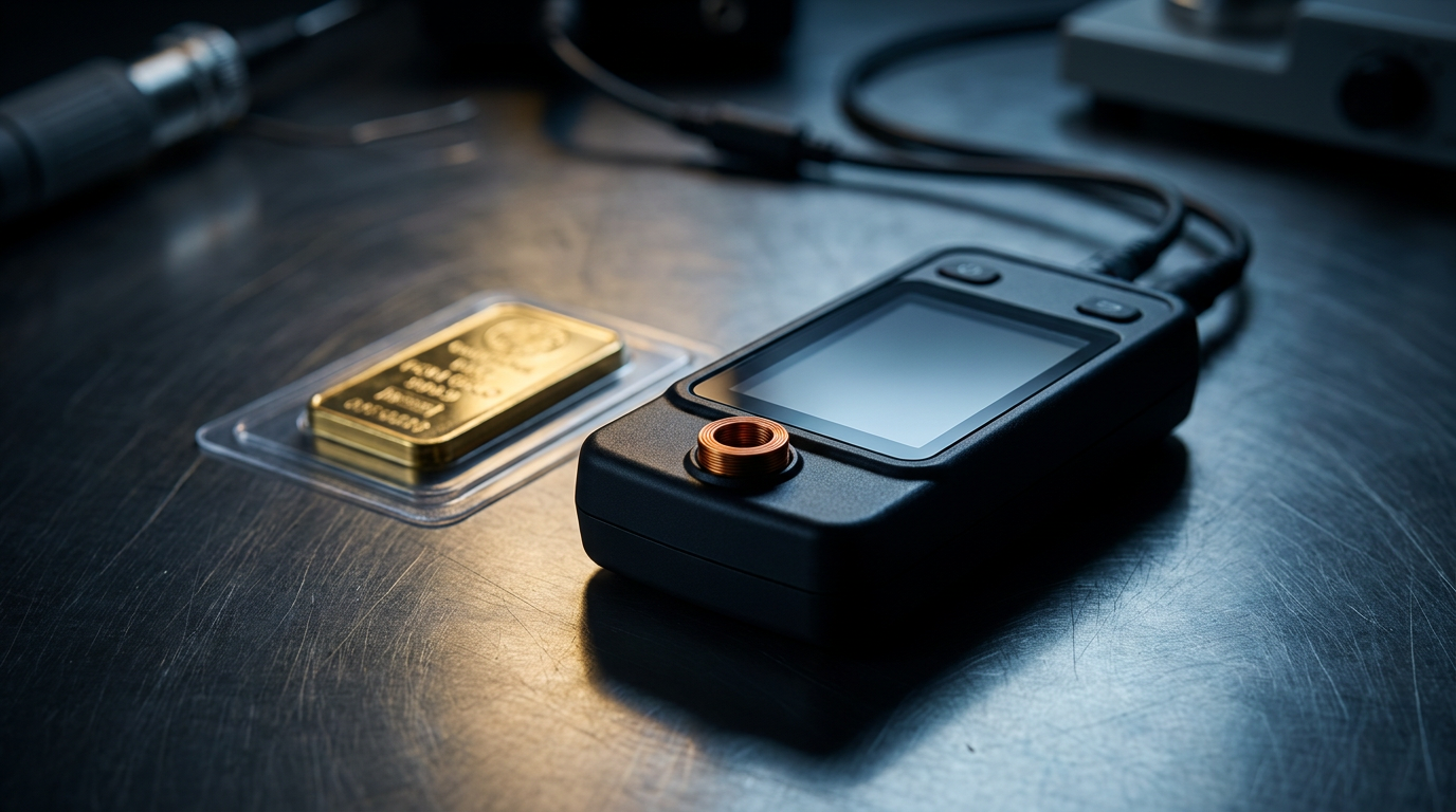 Kompaktes elektronisches Prüfgerät mit Sensorspule neben einem in Blister verschweißten Goldbarren