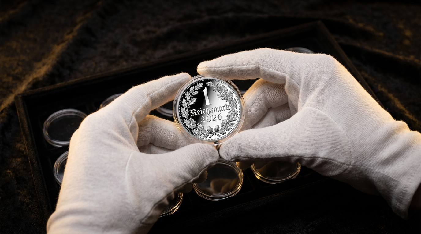 Behandschuhte Hände halten die 1 Unze Silber Reichsmark 2026 in Polierter Platte in einer Kapsel über einem Samttablett