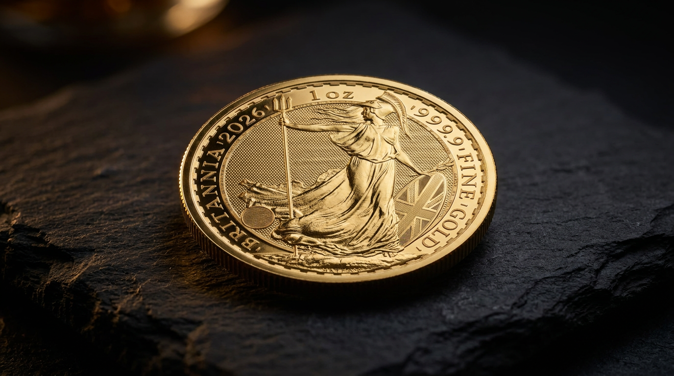1 Unze Gold Britannia 2026 auf dunklem Schiefer im warmen Streiflicht