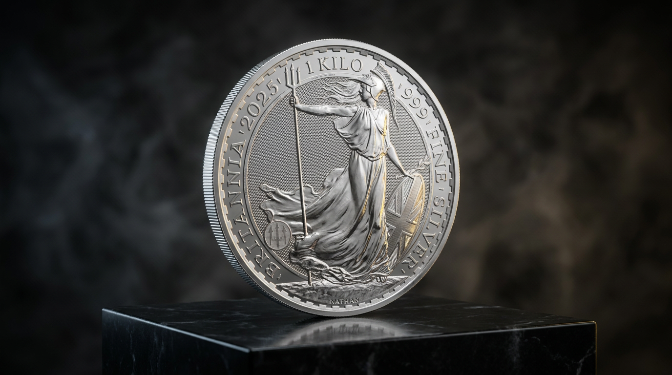 1 Kilogramm Silber Britannia 2025 als Schaustück auf dunklem Steinsockel