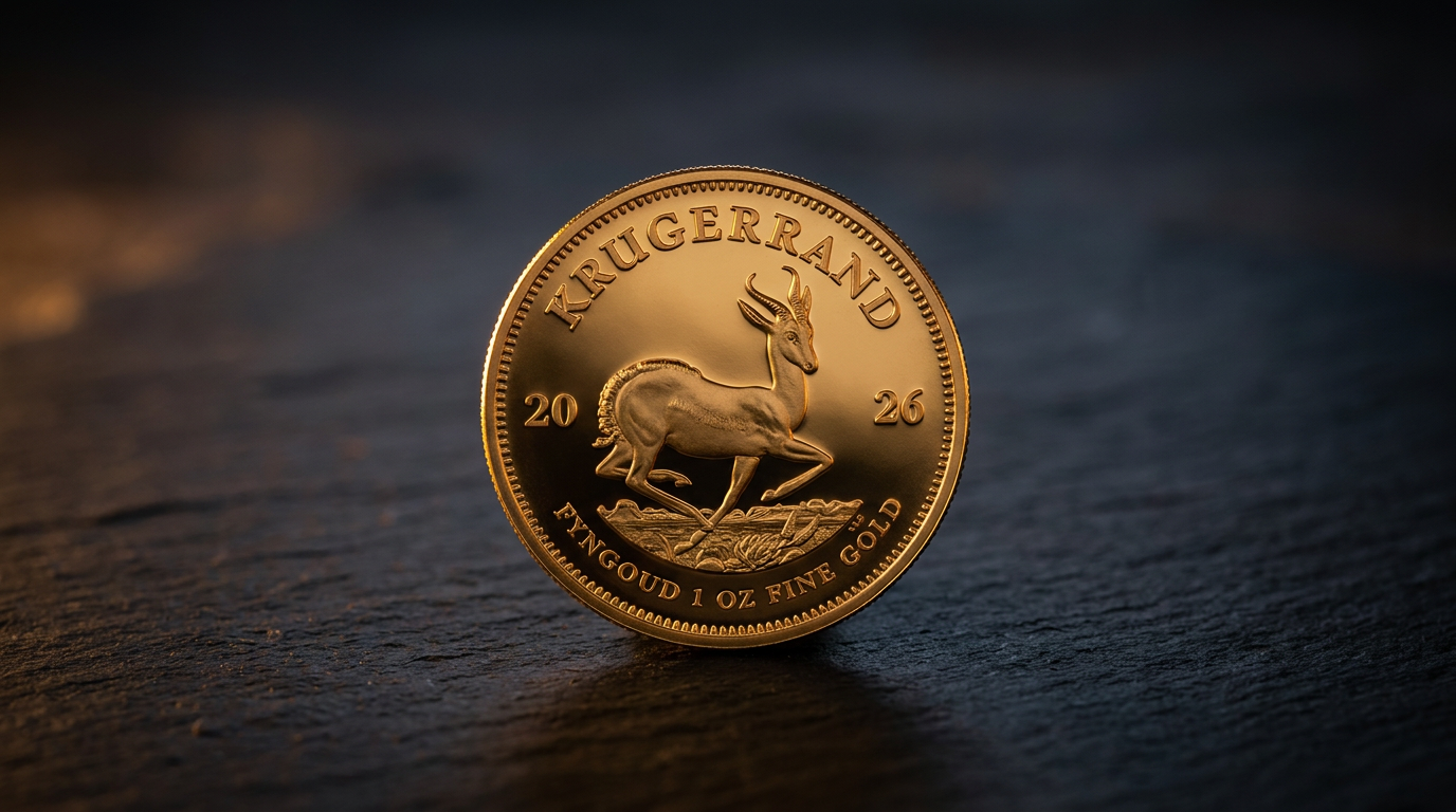 1 Unze Gold Krügerrand 2026 auf dunklem Schiefer im warmen Streiflicht