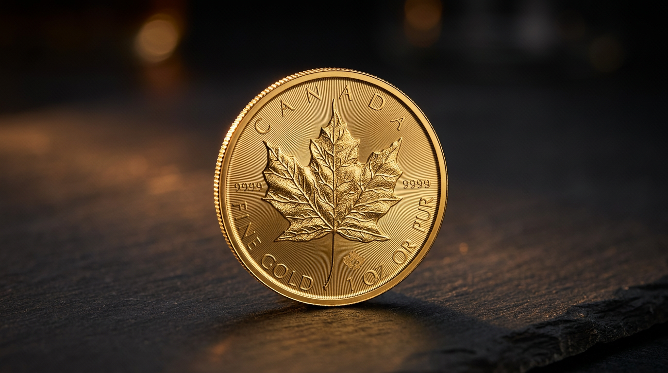 1 Unze Gold Maple Leaf 2026 auf dunklem Schiefer im warmen Streiflicht