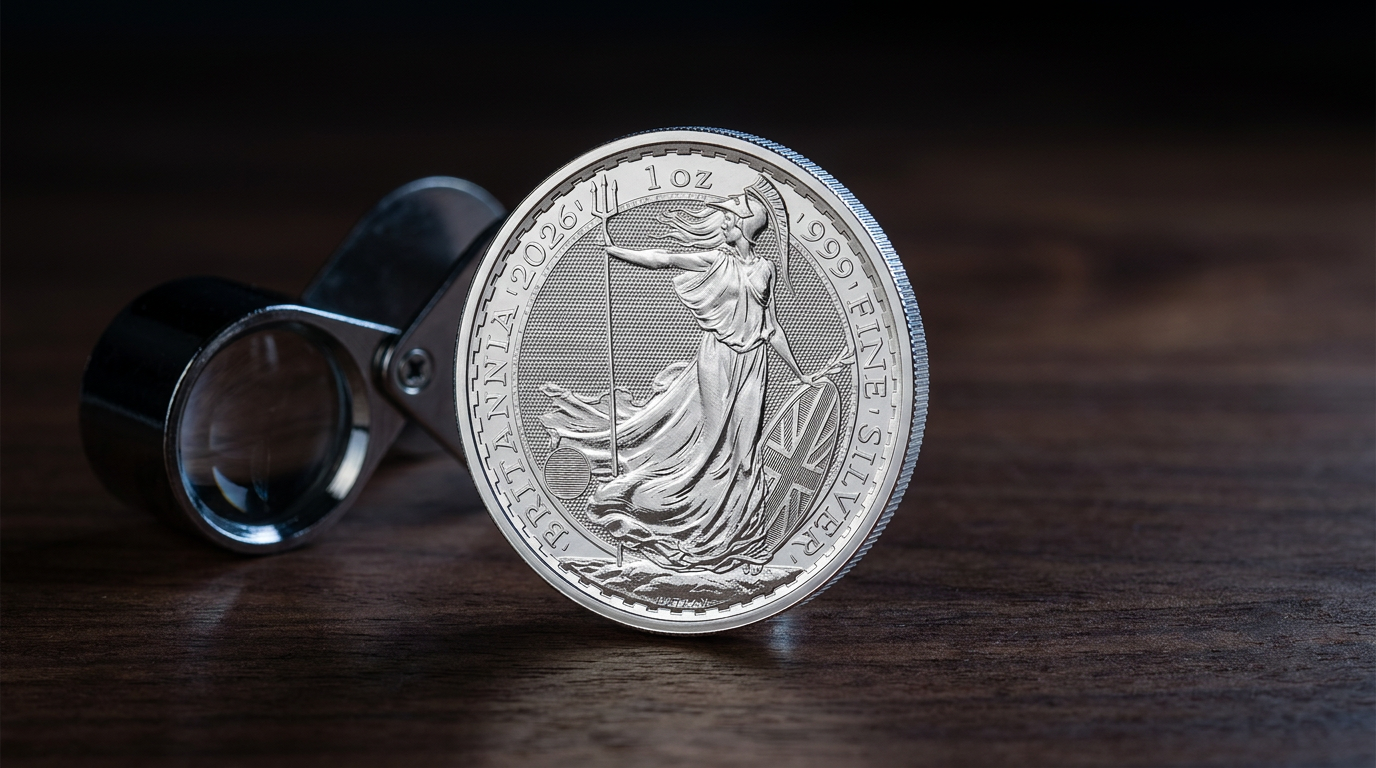 1 Unze Silber Britannia 2026 im Streiflicht neben einer Juwelierlupe